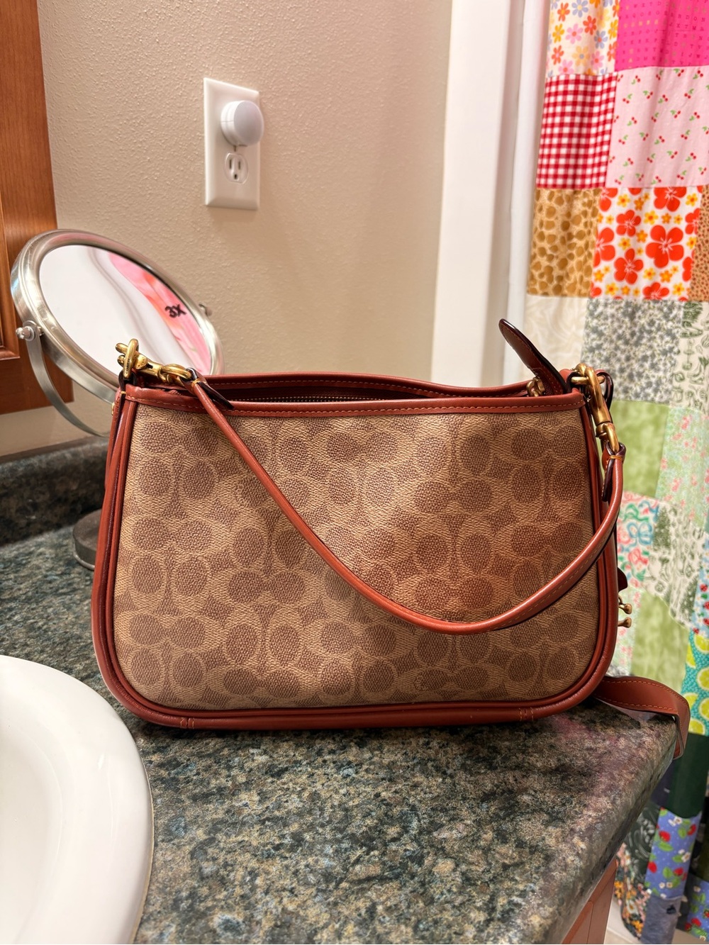 Coach Brown Signature Canvas Shoulder Bag with Cognac Trim